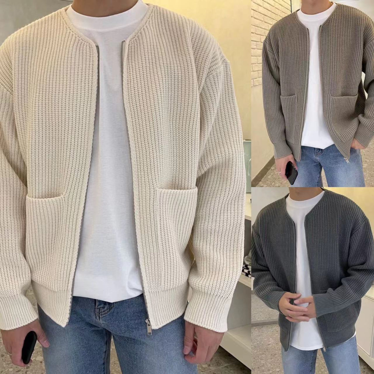 Men's Zip-Up Knitted Cardigan Jumper with Funnel Neck and Pockets