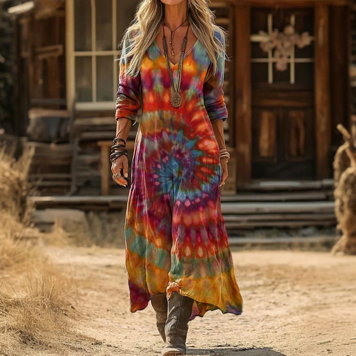 Evelyn | Robe décontractée vintage à manches longues tie-dye