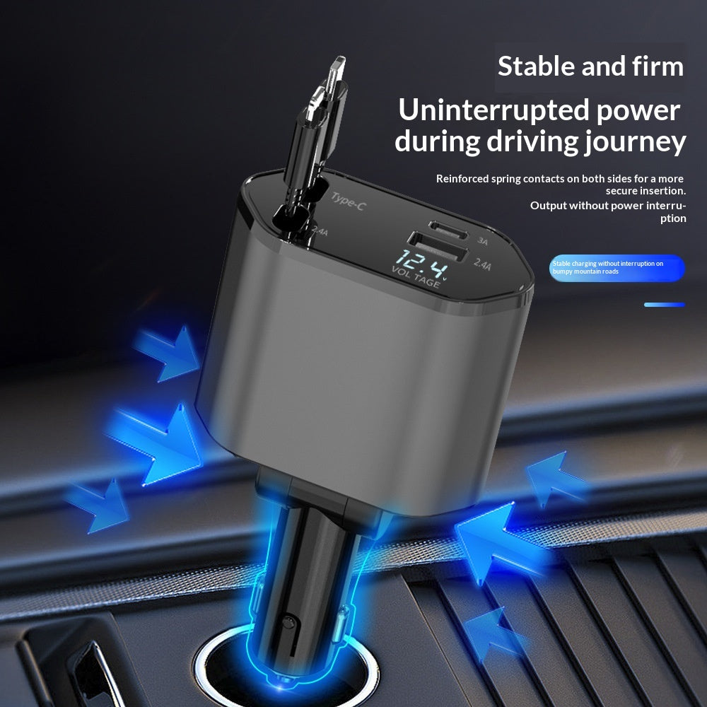 4-in-1 Retractable Car Charger, 120W Fast Charging with USB-C Cables