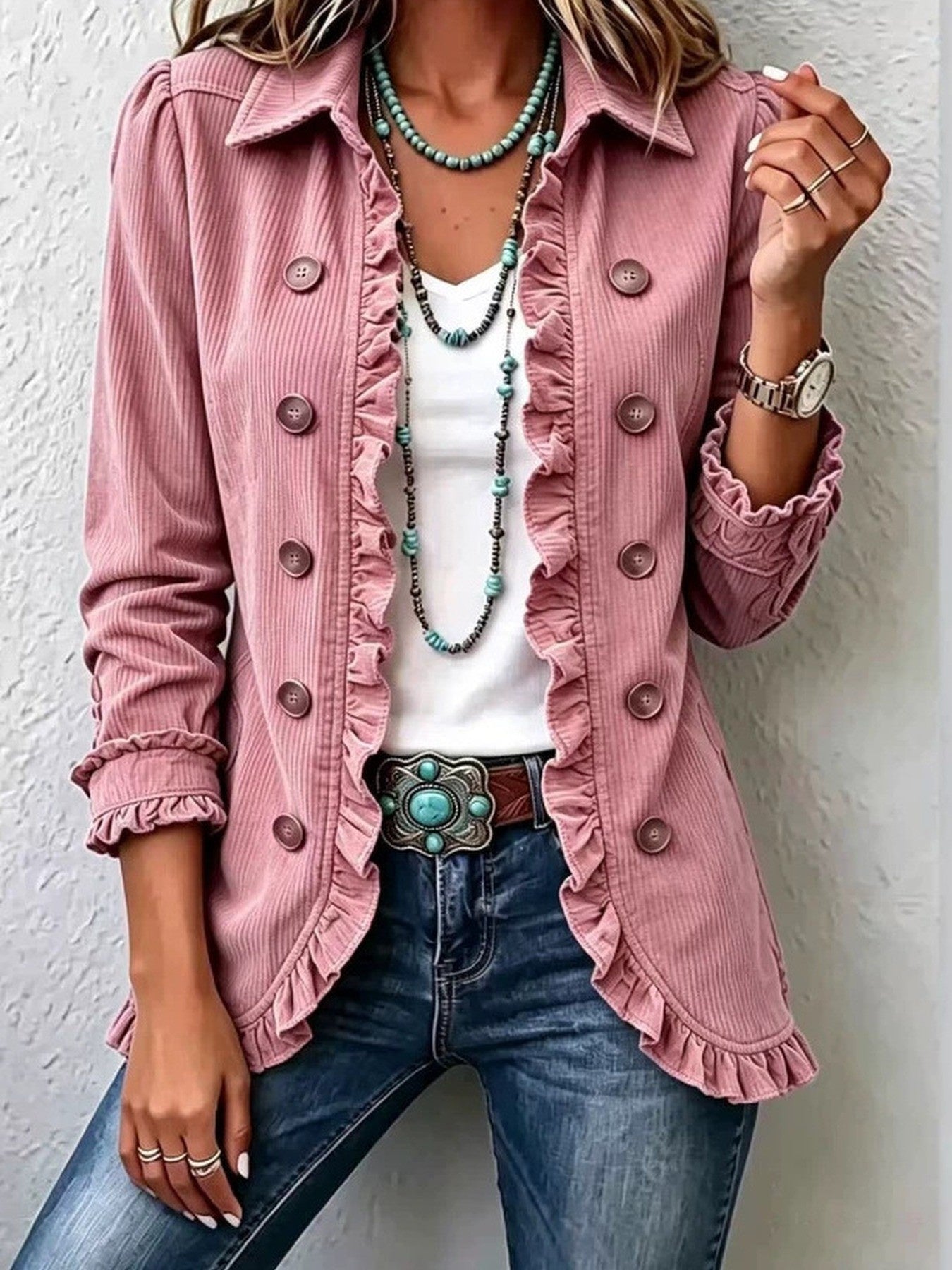 Women's Ruffled Long-Sleeve Knit Cardigan With Buttons