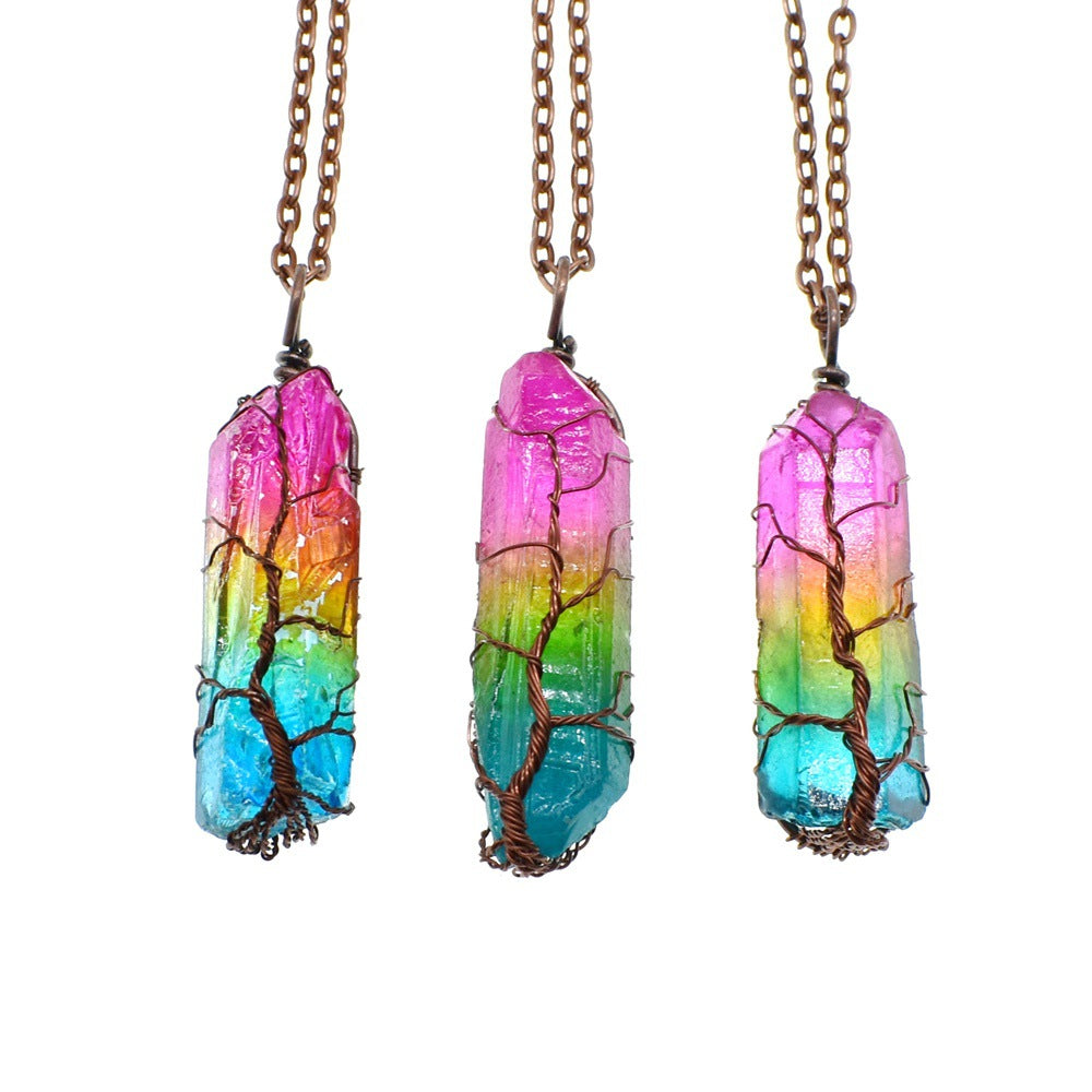Natural Stone Crystal Pillar Tree Of Life Pendant Necklace