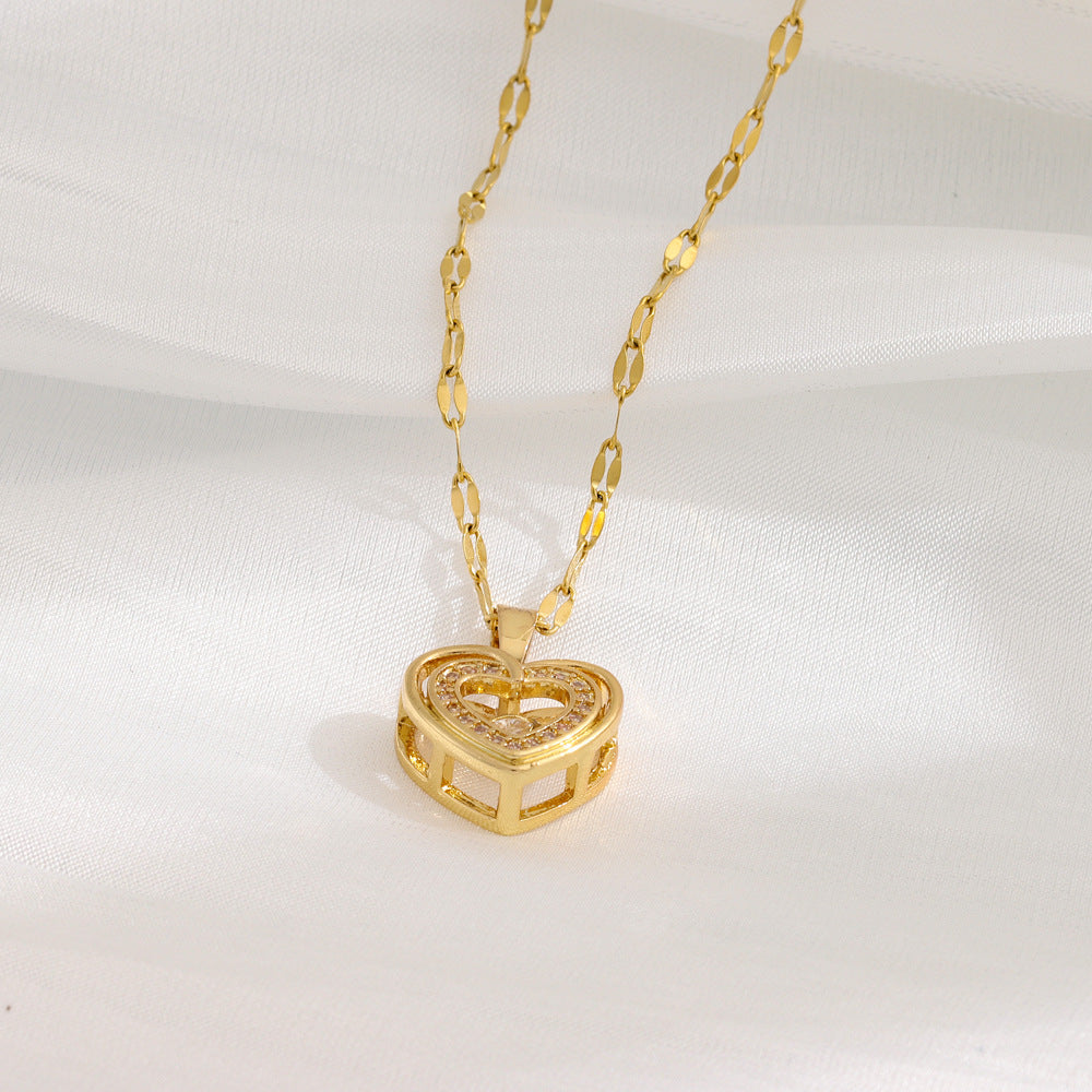 Double-Layer Love Heart Necklace With Rhinestones, Titanium Steel