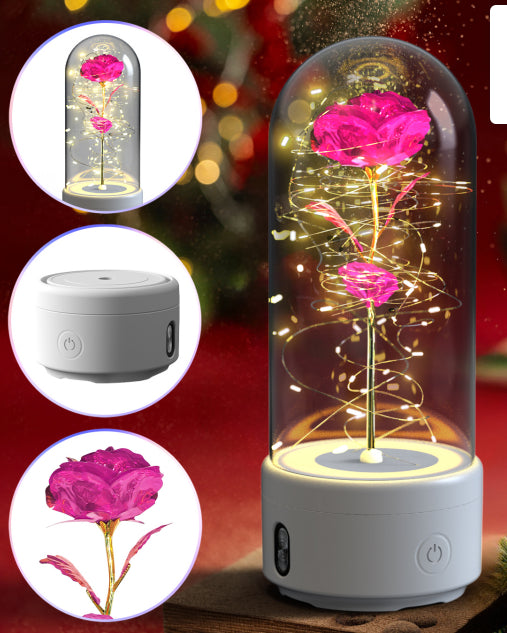 Rose Flower LED Night Light With Bluetooth Speaker In Glass Dome