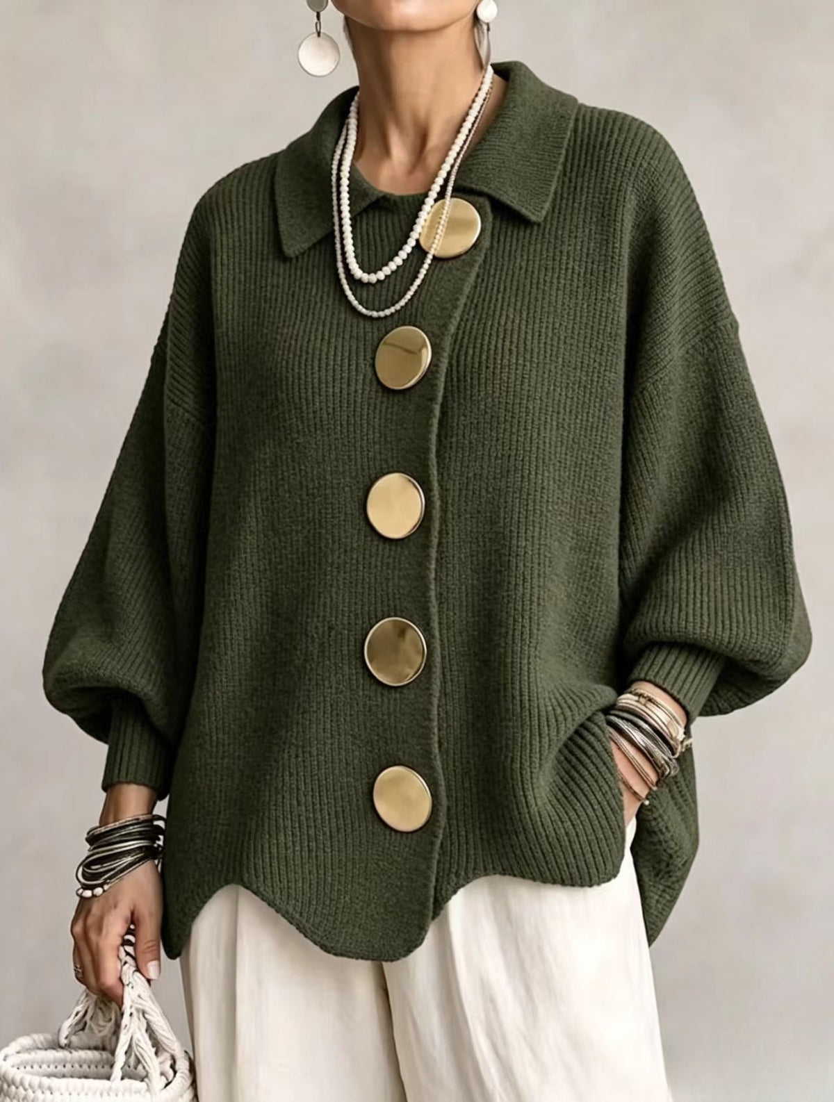 Women's Button-Down Knitted Cardigan, Loose Lapel Jacket