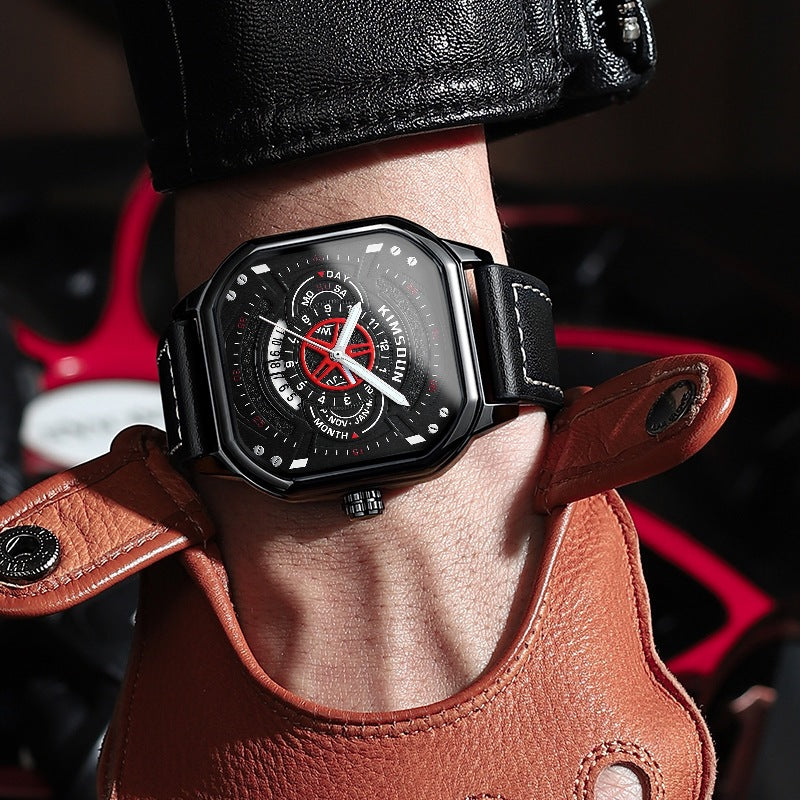 Men's Trendy Waterproof Quartz Watch with Leather Strap