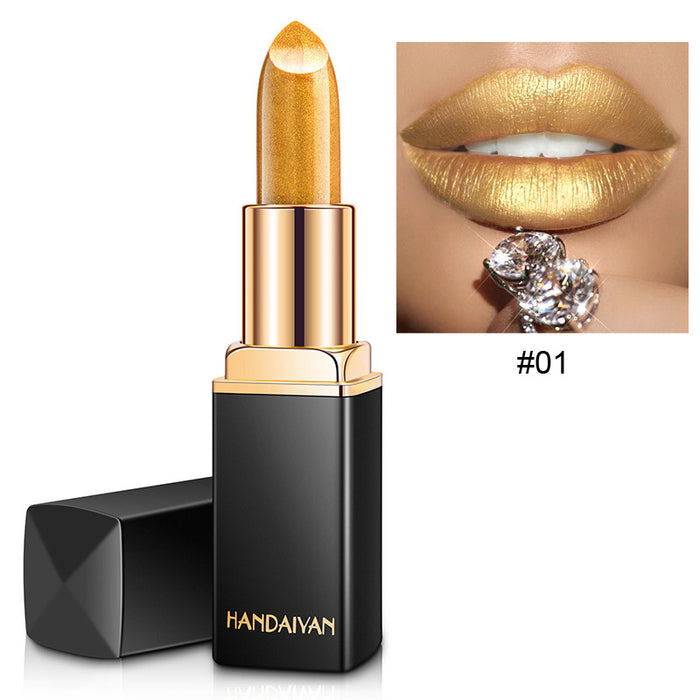 Rossetto metallizzato brillante, colore perlato cangiante a lunga tenuta