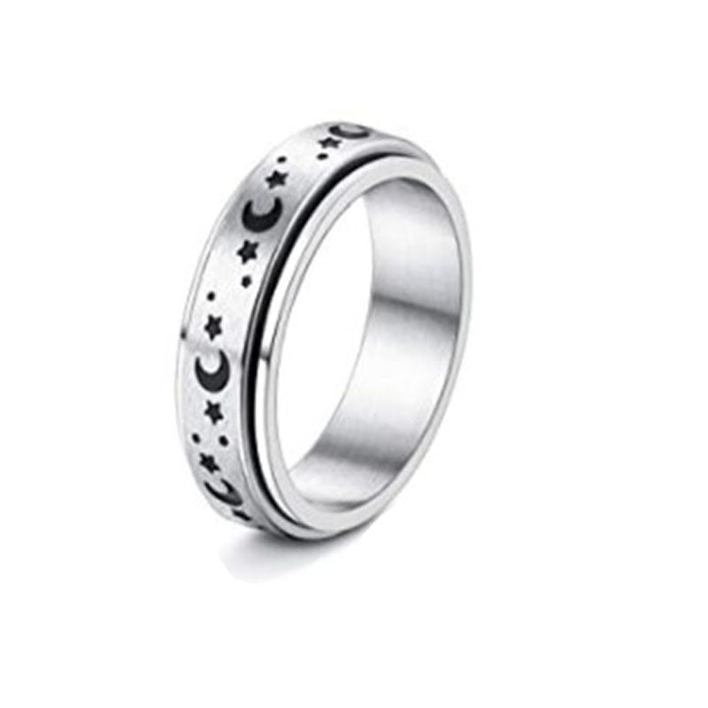 Stainless Steel Spinner Ring With Moon And Stars Design