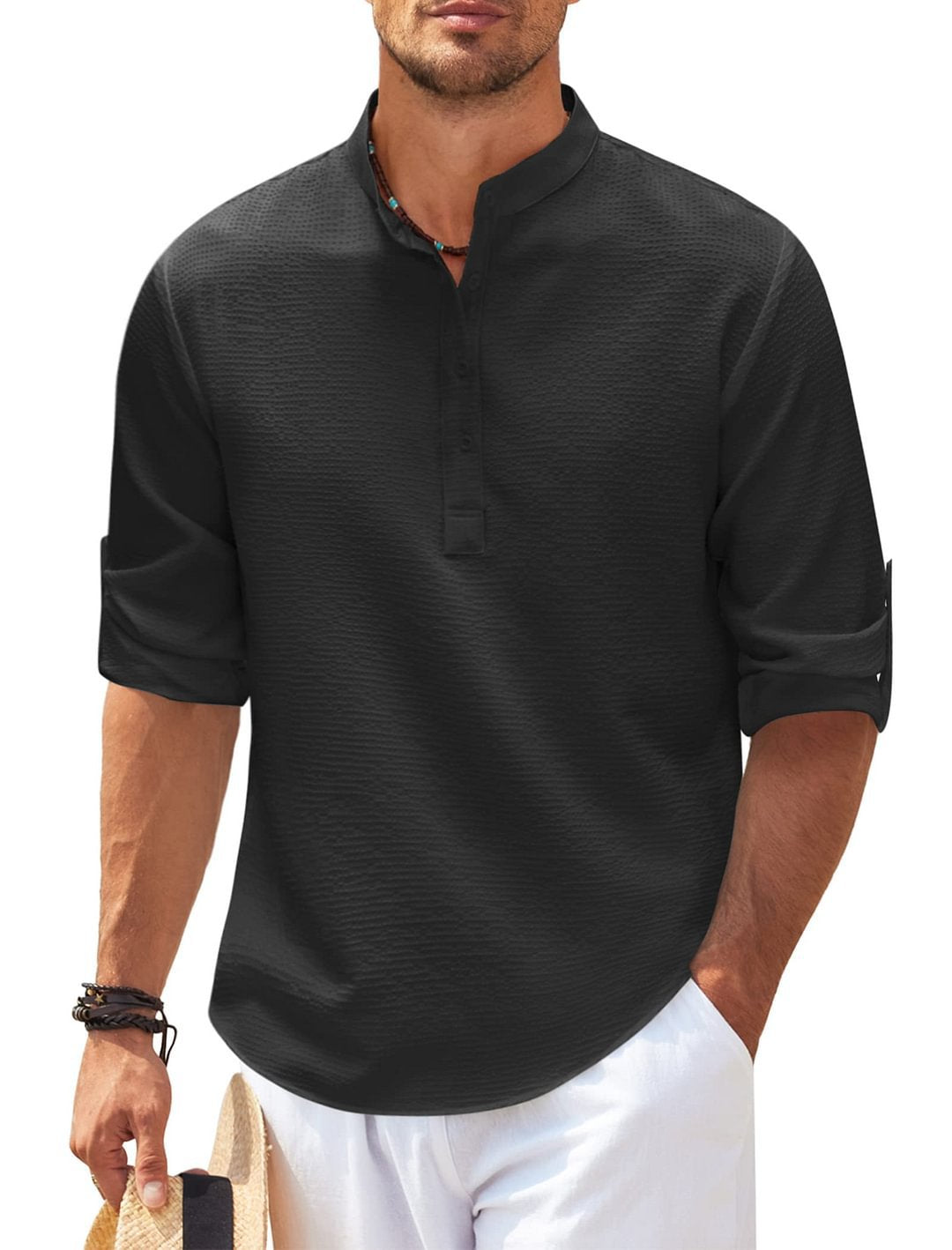 Men's Long Sleeve Stand Collar Shirt, Solid Colour Casual Top