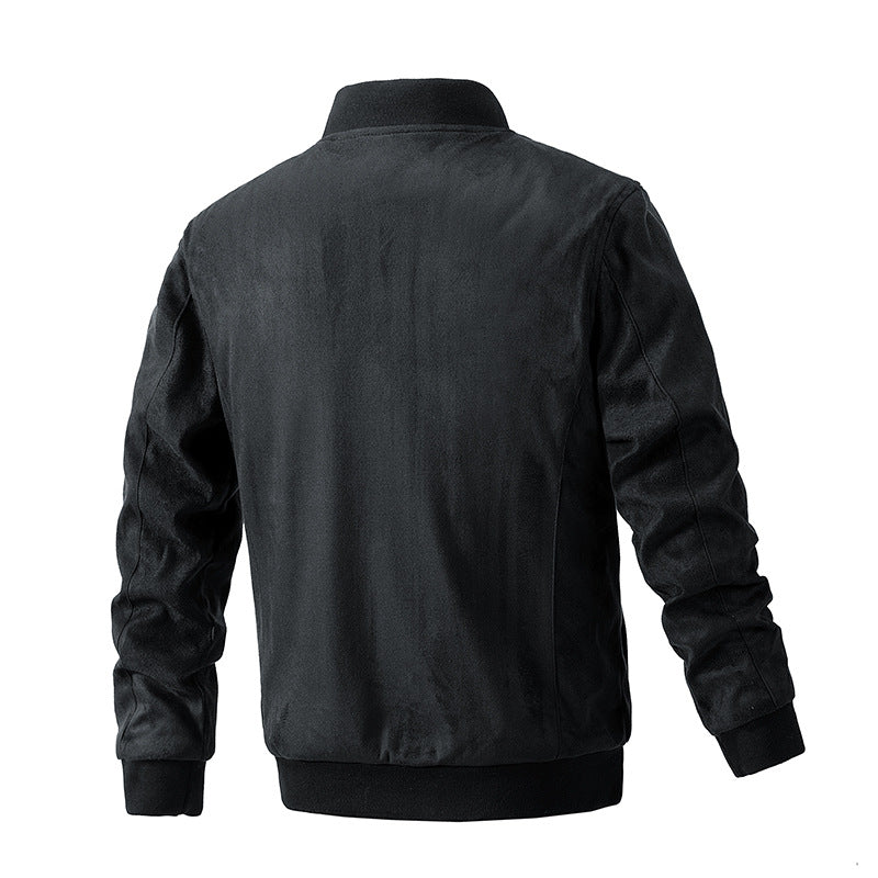 Men's Suede Stand Collar Jacket with Double Zip and Pockets