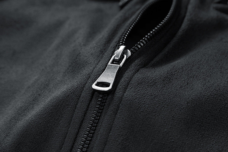 Men's Suede Stand Collar Jacket with Double Zip and Pockets