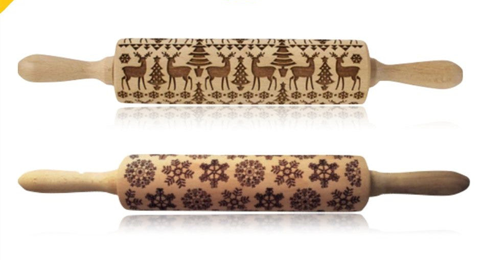 Wooden Christmas Embossing Rolling Pin for Cookies and Dough