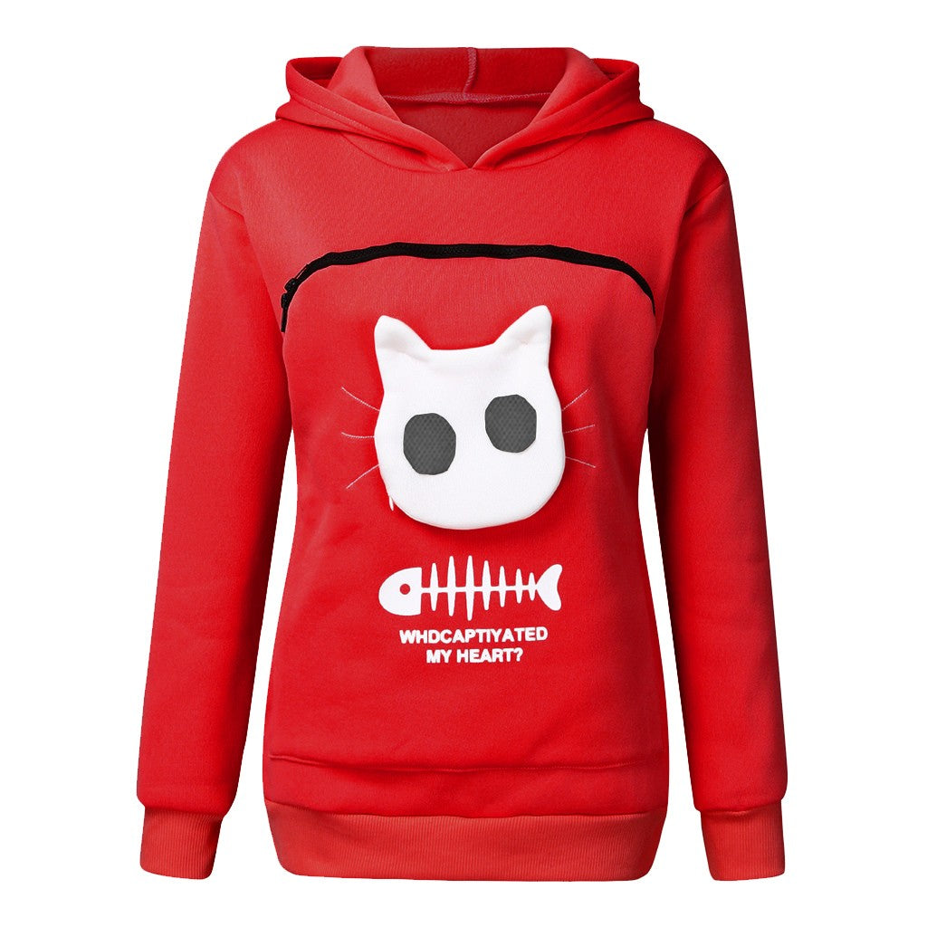 Women's Cat Pocket Hoodie Sweatshirt with Long Sleeves, Cosy Fit