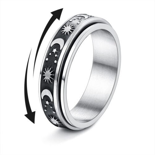 Stainless Steel Spinner Ring With Moon And Stars Design