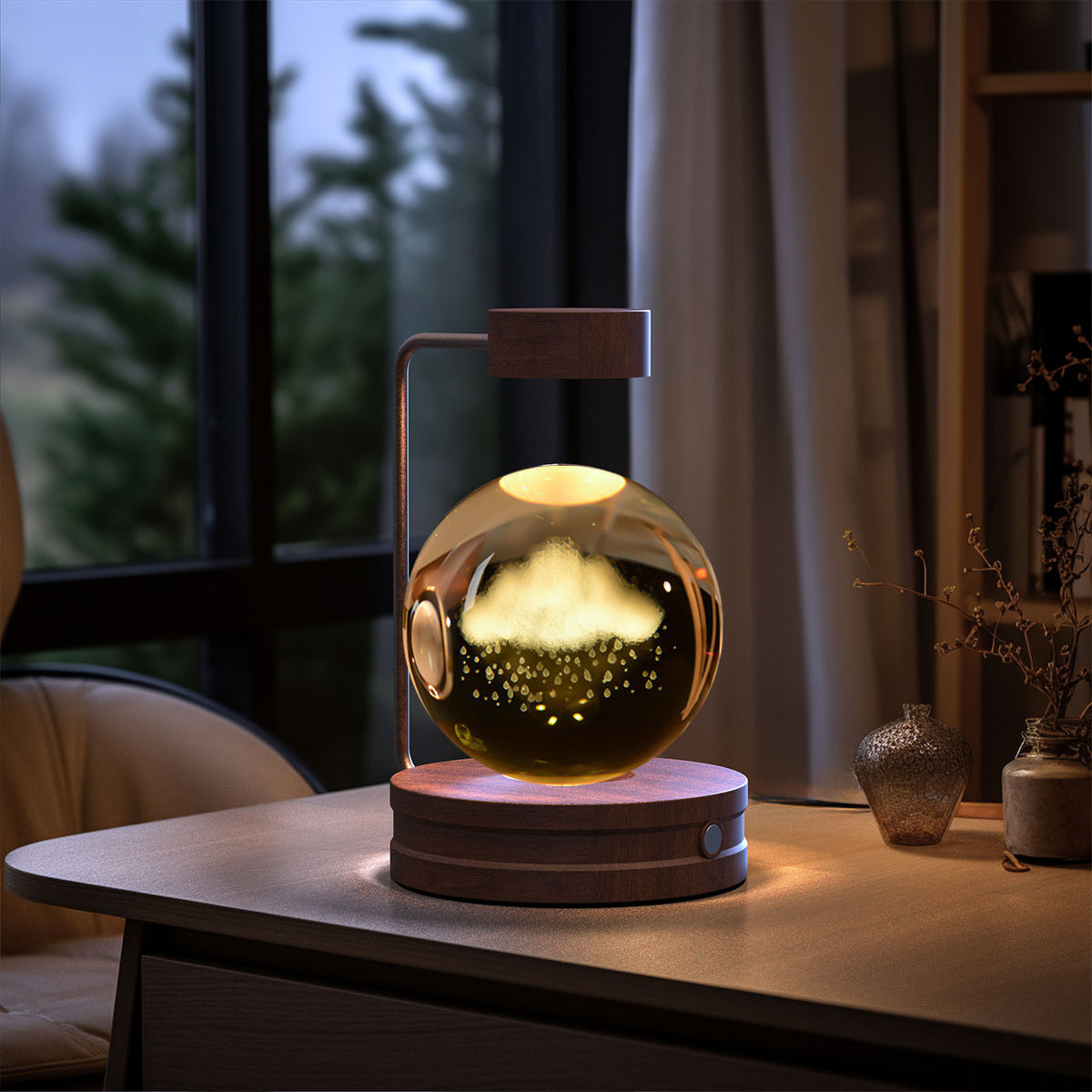 Crystal Ball Night Light With 3D Pattern On Wooden Base