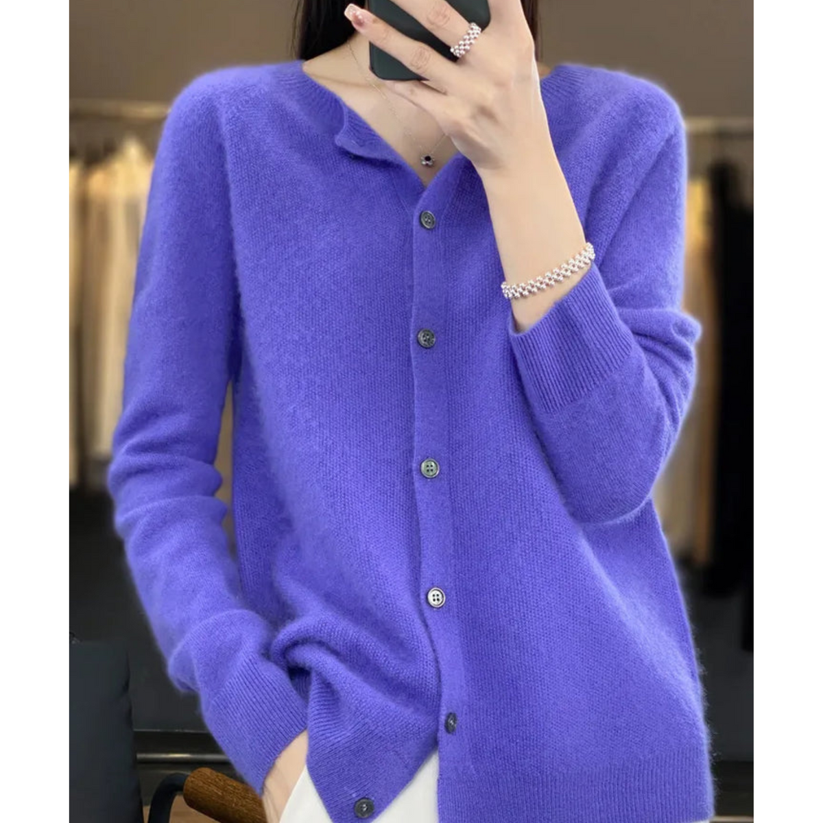 Women's Round-Neck Cardigan with Long Sleeves and Buttons