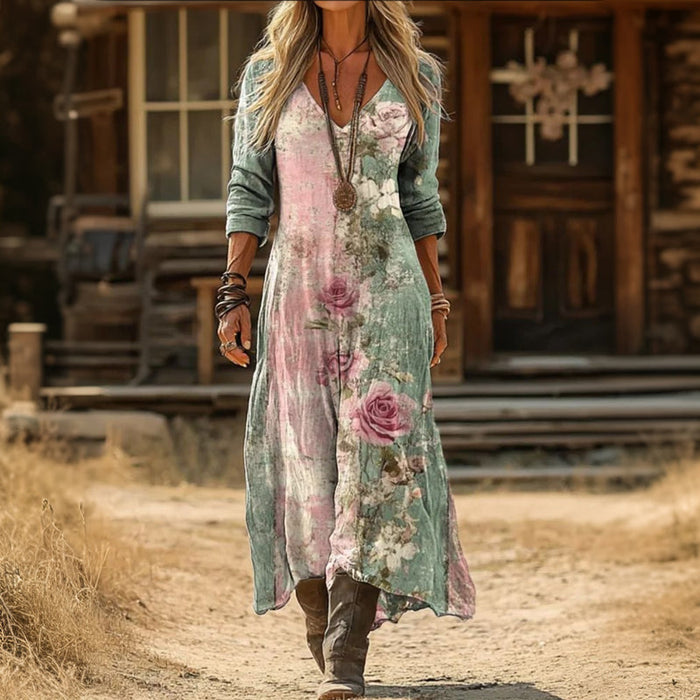 Margarita | Robe décontractée vintage fleurie à manches longues