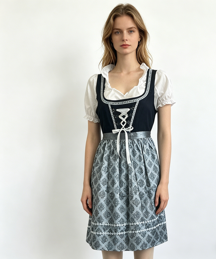 Conjunto de vestido dirndl para mulher com avental, blusa e corpete com atacadores