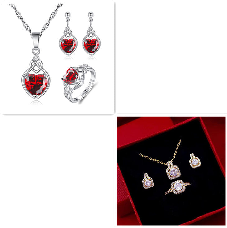 Zircon Pendant Necklace, Stud Earrings And Ring Jewellery Set