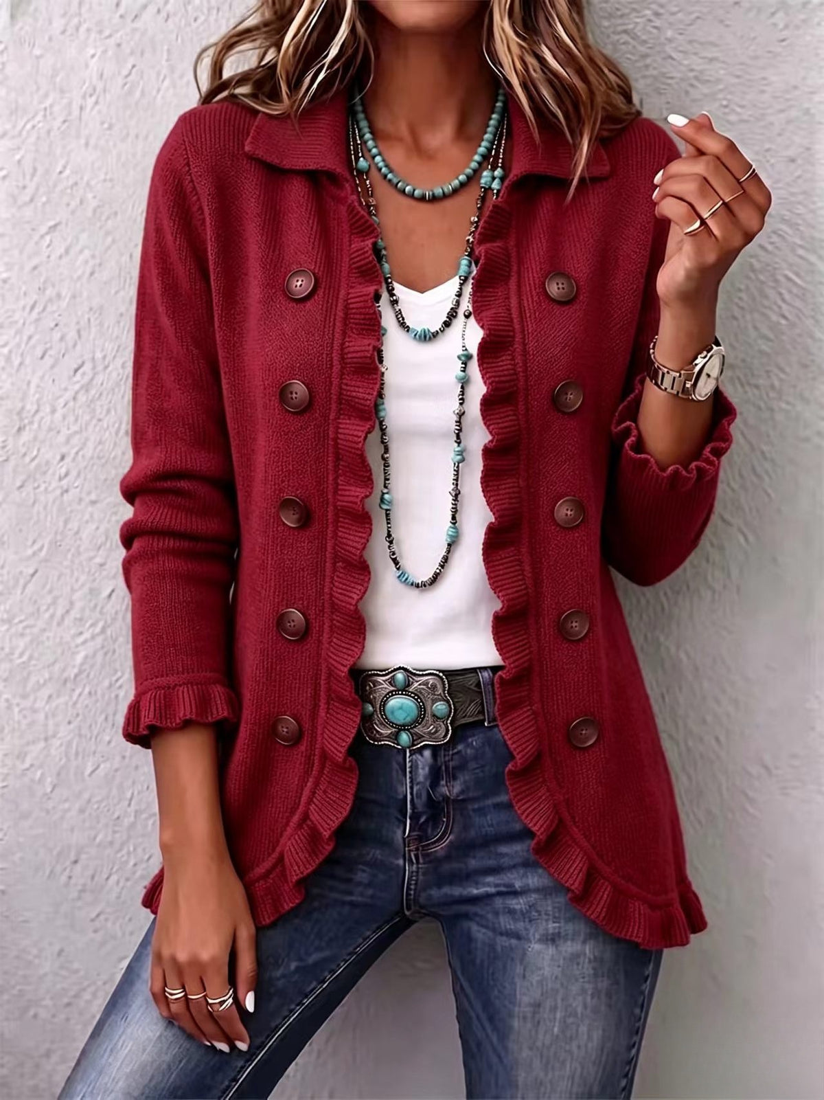 Women's Ruffled Long-Sleeve Knit Cardigan With Buttons