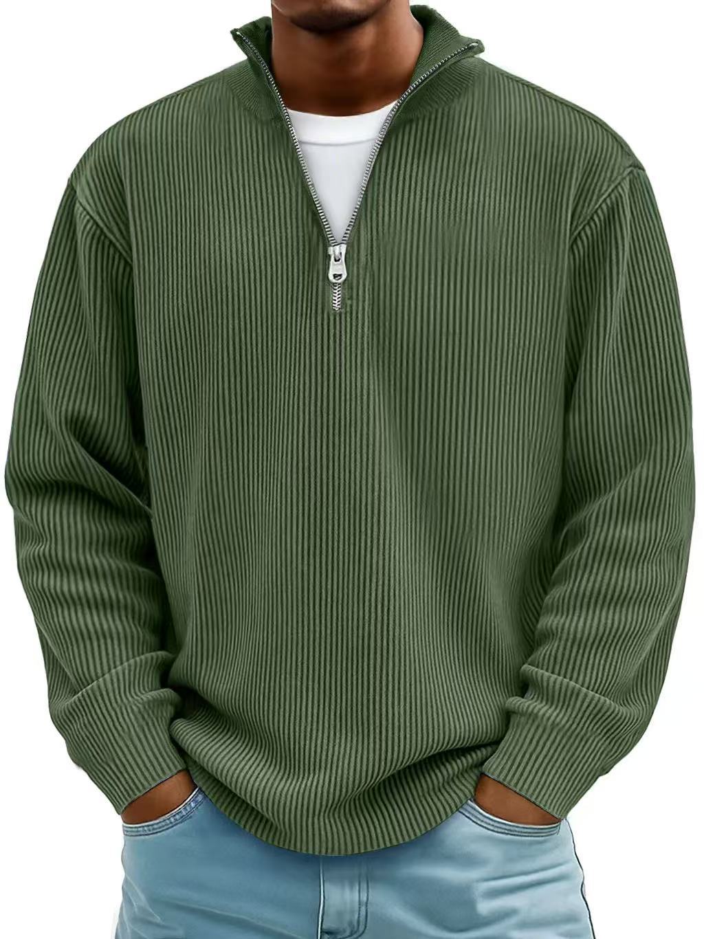 Corduroy Zip-Up Stand Collar Sweatshirt, Warm Solid Colour Top for Men