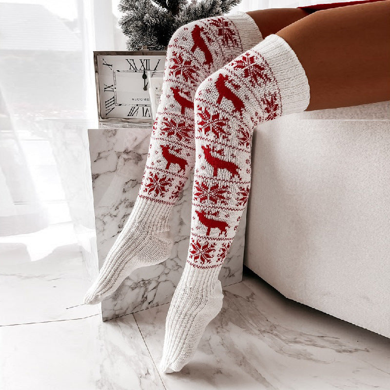 Warm Knitted Christmas Stockings for Women with Elk Snowflake Design