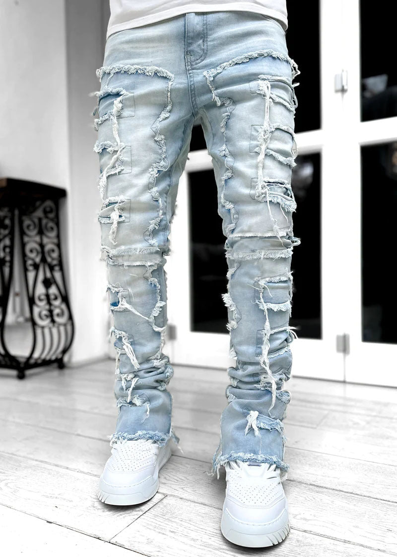 Men's Ripped Fringe Patched Jeans in a Slim Stacked Fit