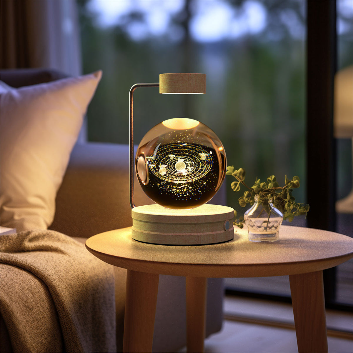 Crystal Ball Night Light With 3D Pattern On Wooden Base