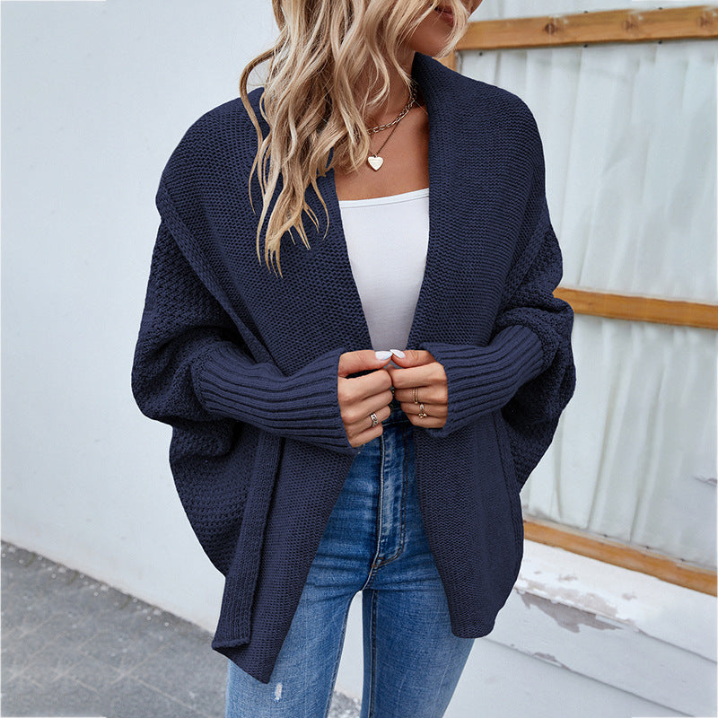 Loose Knit Bat-Sleeve Cardigan with Large Lapel for Women
