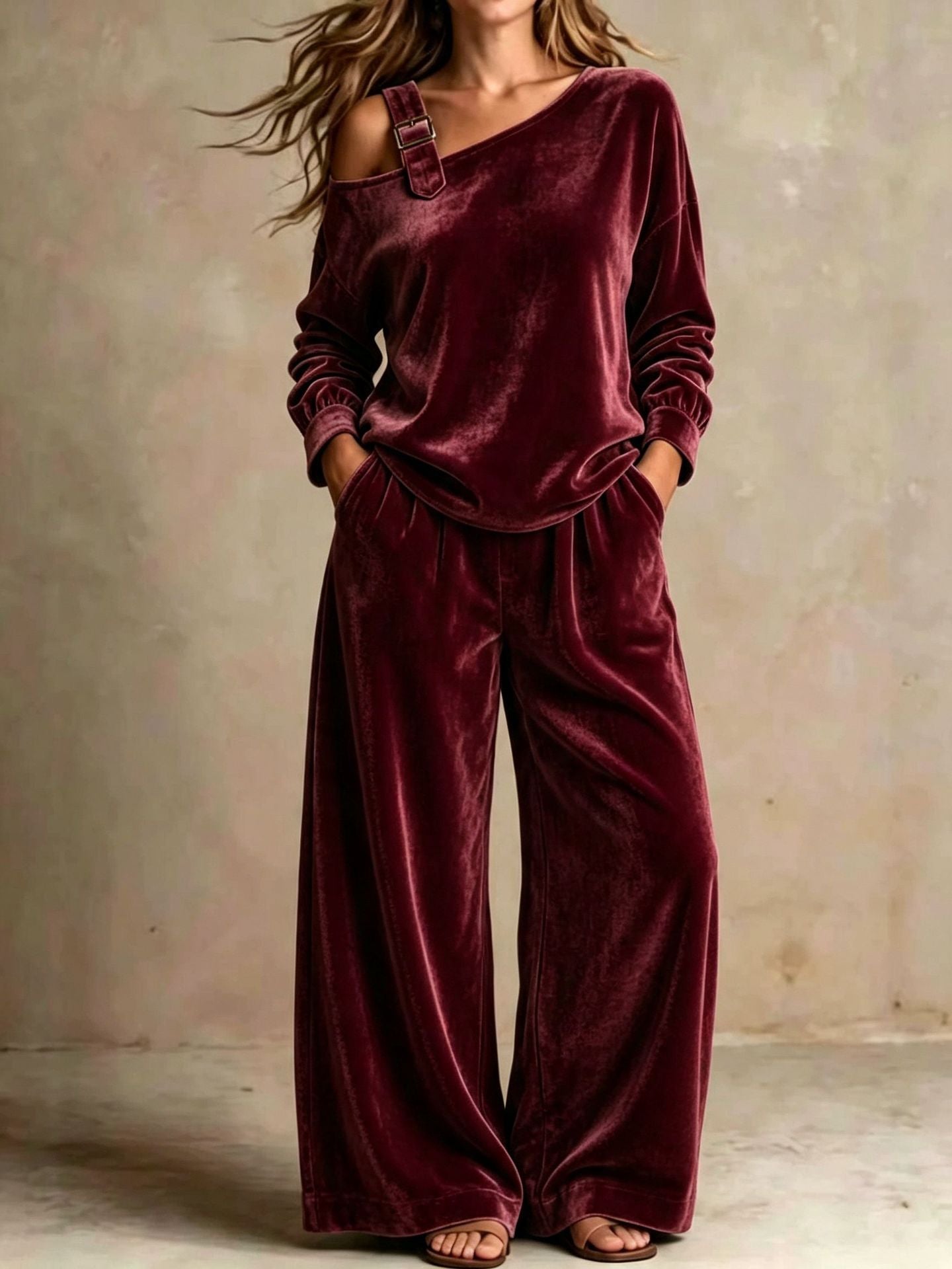 Women's Velvet Off-Shoulder Two-Piece Set, Soft Casual Outfit