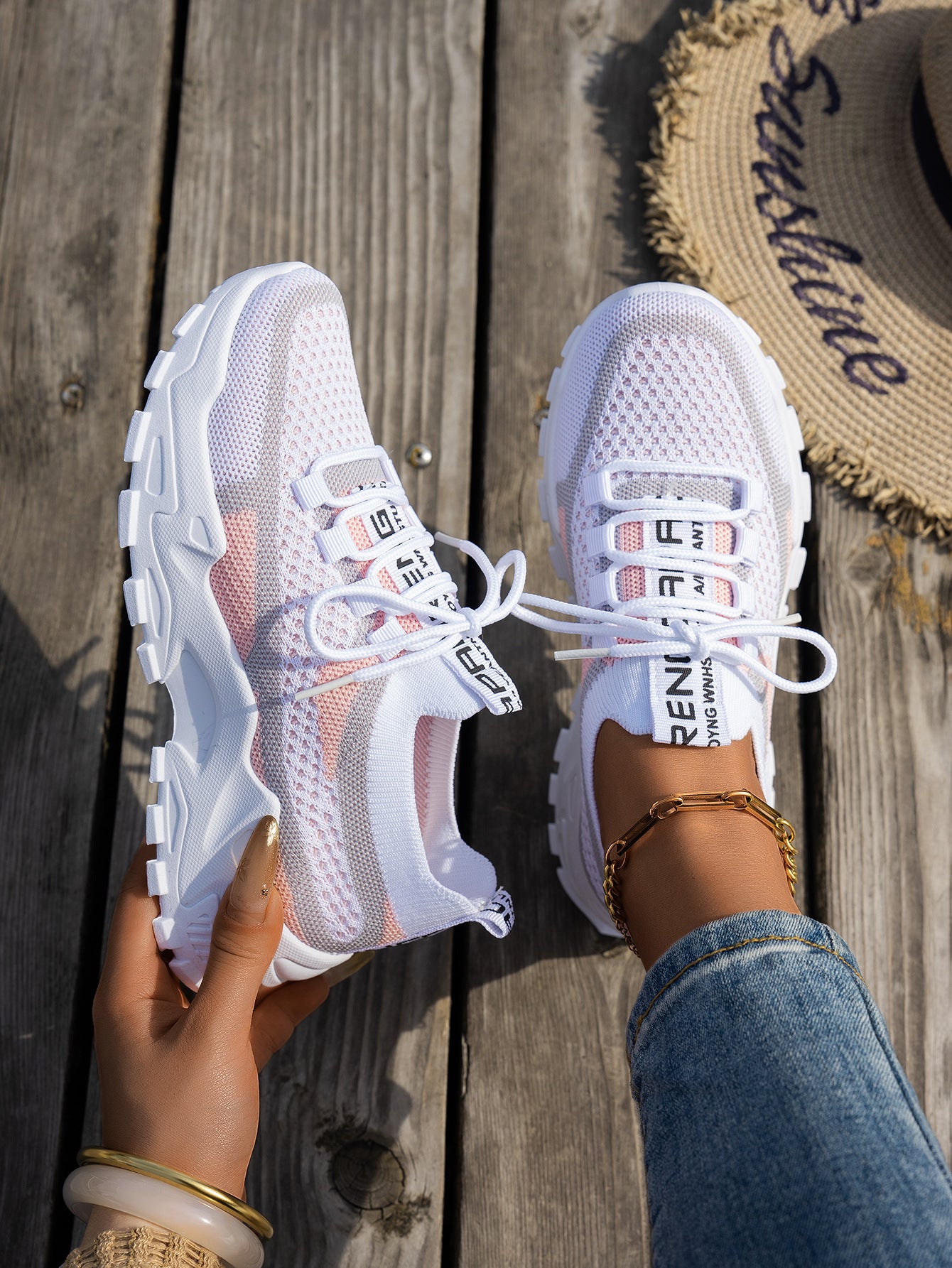 Women's Flyknit Mesh Lace-Up Sneakers, Breathable Walking and Running Shoes