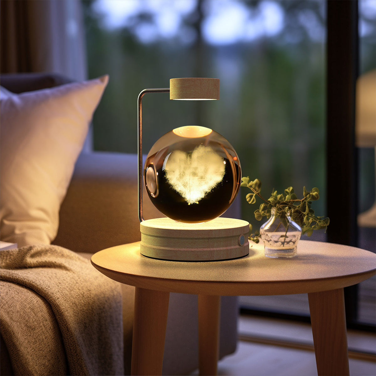Crystal Ball Night Light With 3D Pattern On Wooden Base