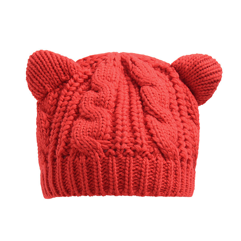 Handmade 3D Knitted Cat Ear Beanie Hat for Winter in Eight Colours