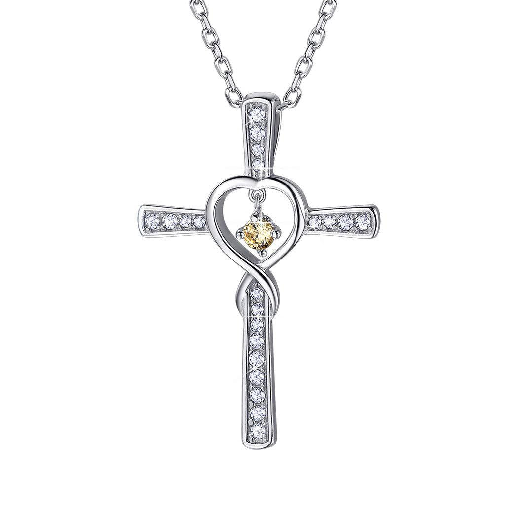 Birthstone Crystal Cross and Heart Pendant Necklace, Gold-Plated
