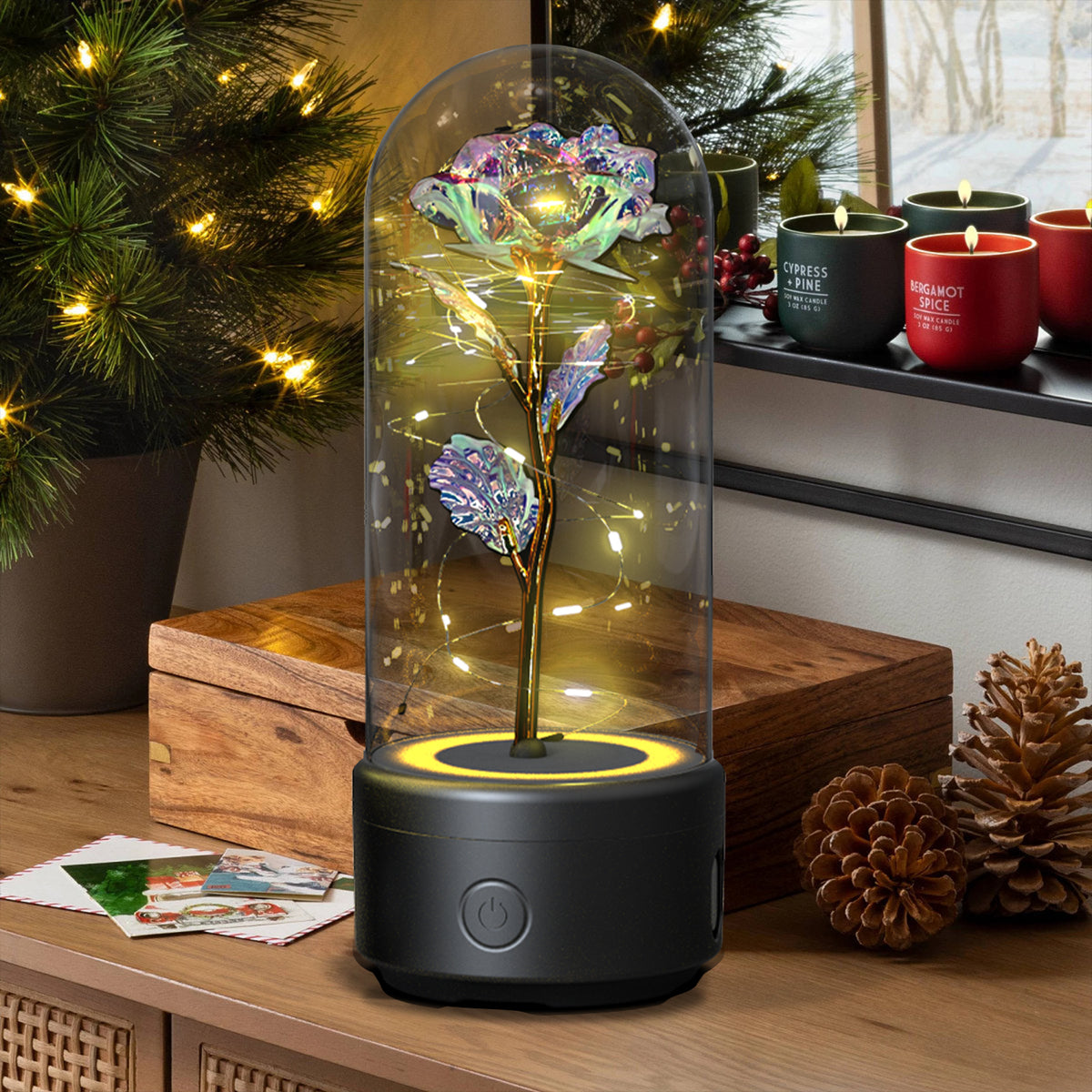 Rose Flower LED Night Light With Bluetooth Speaker In Glass Dome