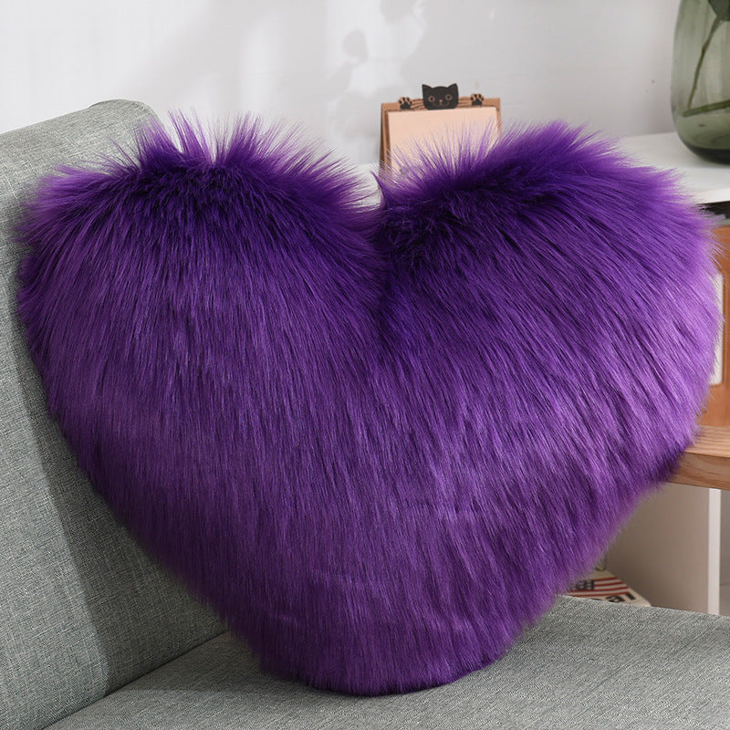 Heart Shape Plush Throw Pillow, Fluffy Shaggy Sofa Cushion