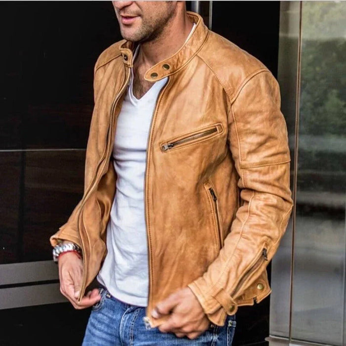 Veste de moto pour homme couleur beige à col montant avec poches zippées