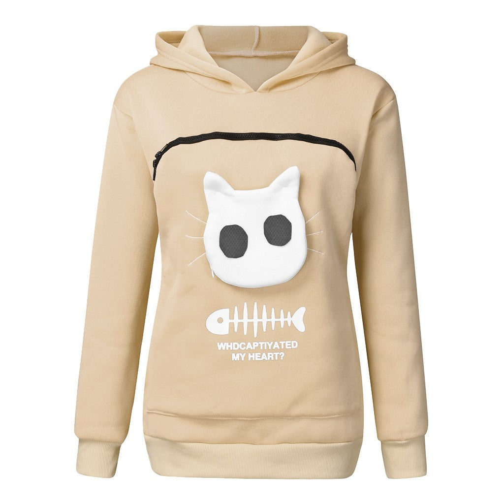 Women's Cat Pocket Hoodie Sweatshirt with Long Sleeves, Cosy Fit
