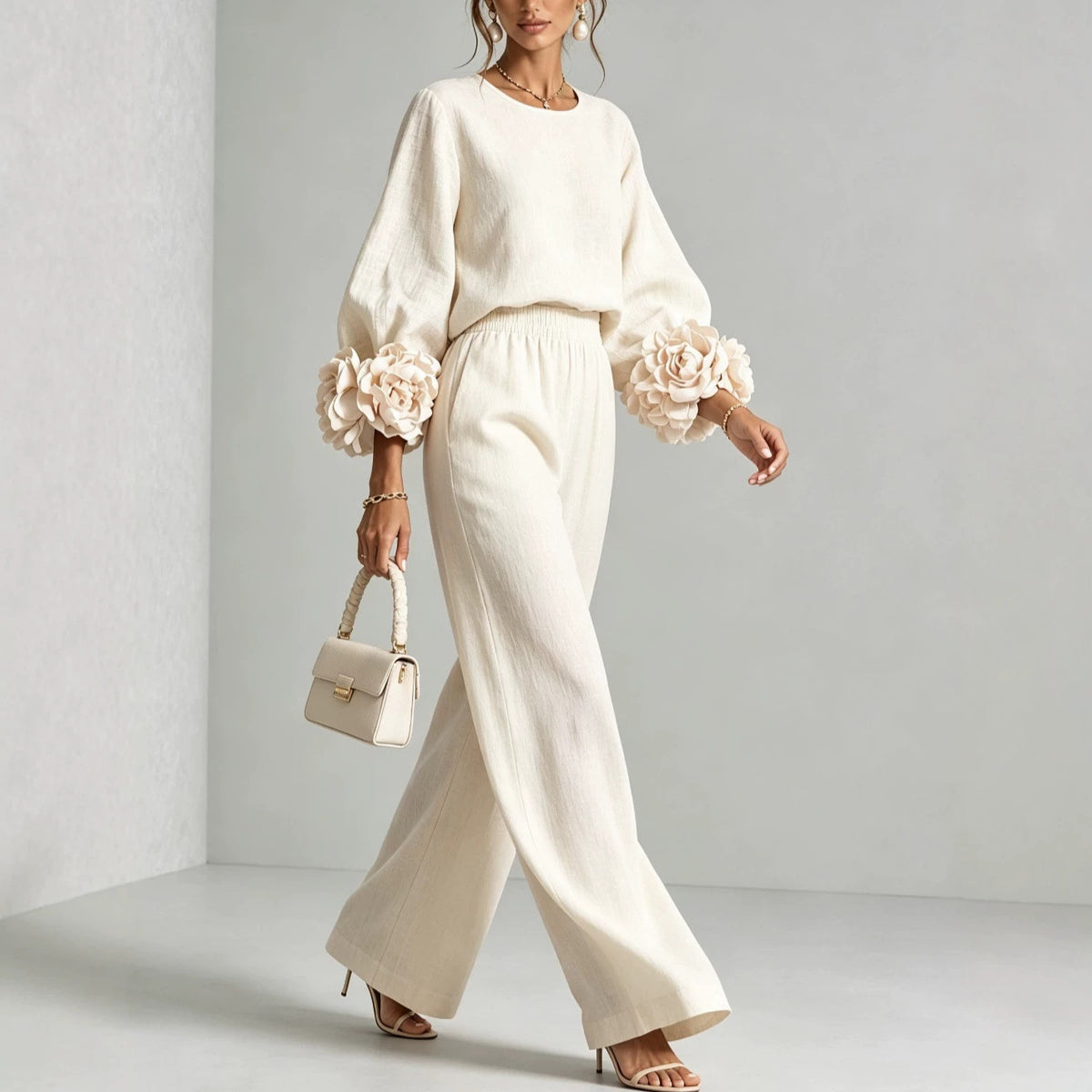 Women's Floral Cuff Top And Wide Leg Trousers Two Piece Set