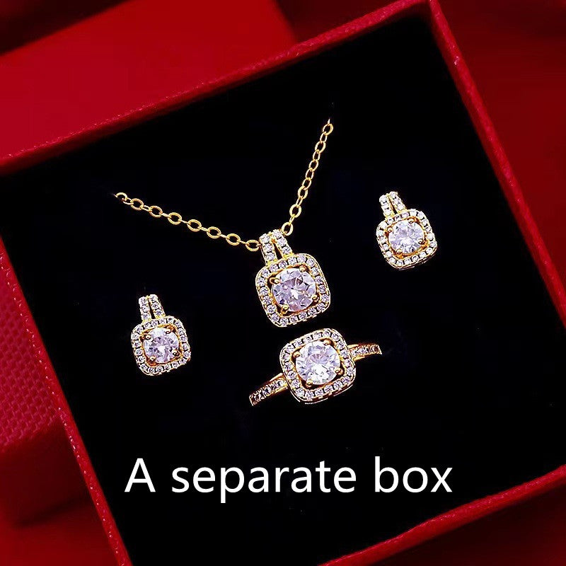 Zircon Pendant Necklace, Stud Earrings And Ring Jewellery Set