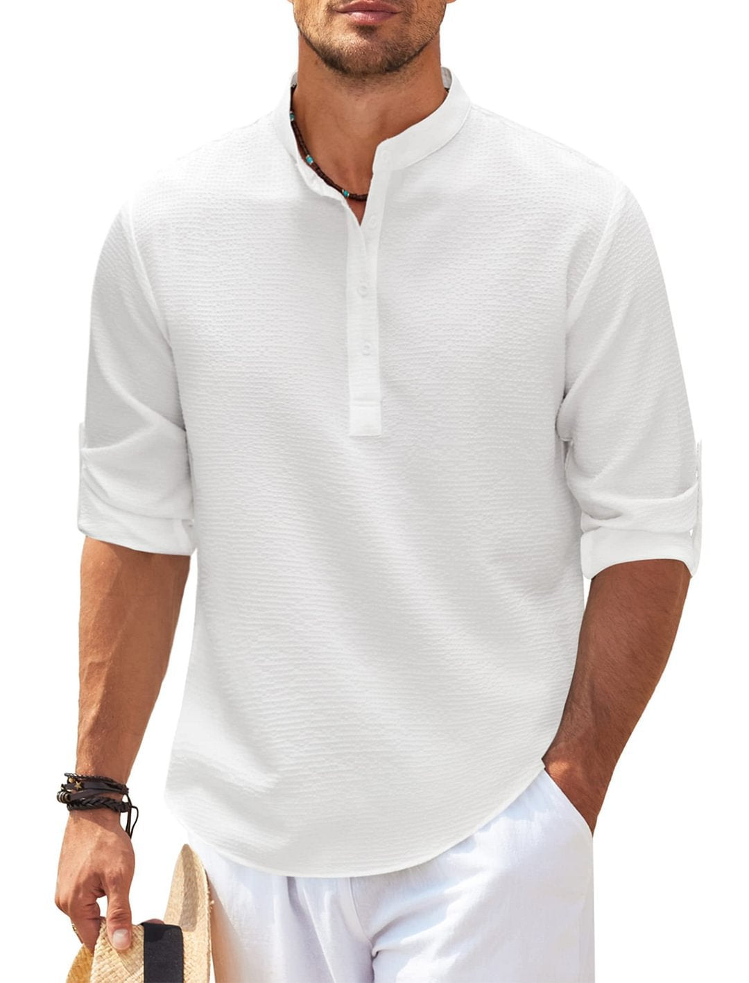 Men's Long Sleeve Stand Collar Shirt, Solid Colour Casual Top