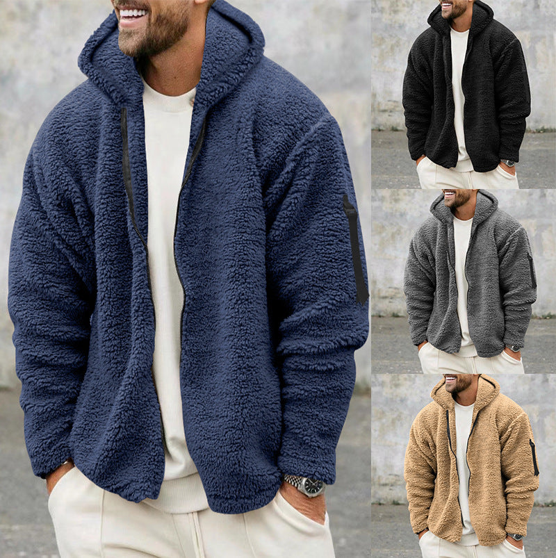 Men's Plush Hooded Fleece Jacket, Double-Sided Warm Zip Coat