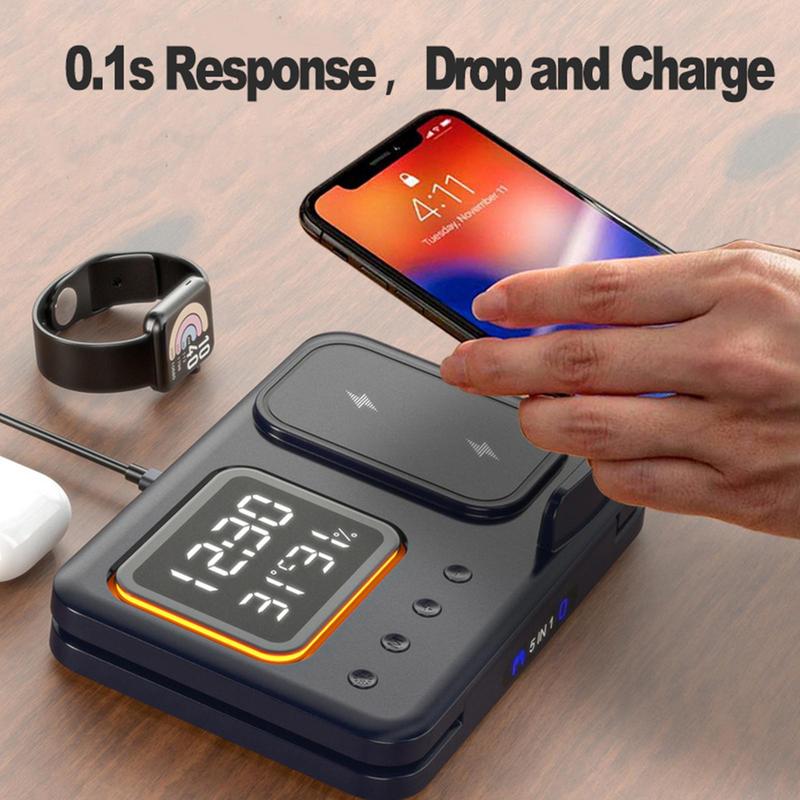5 In 1 Wireless Charger Stand With LED Alarm Clock And Display