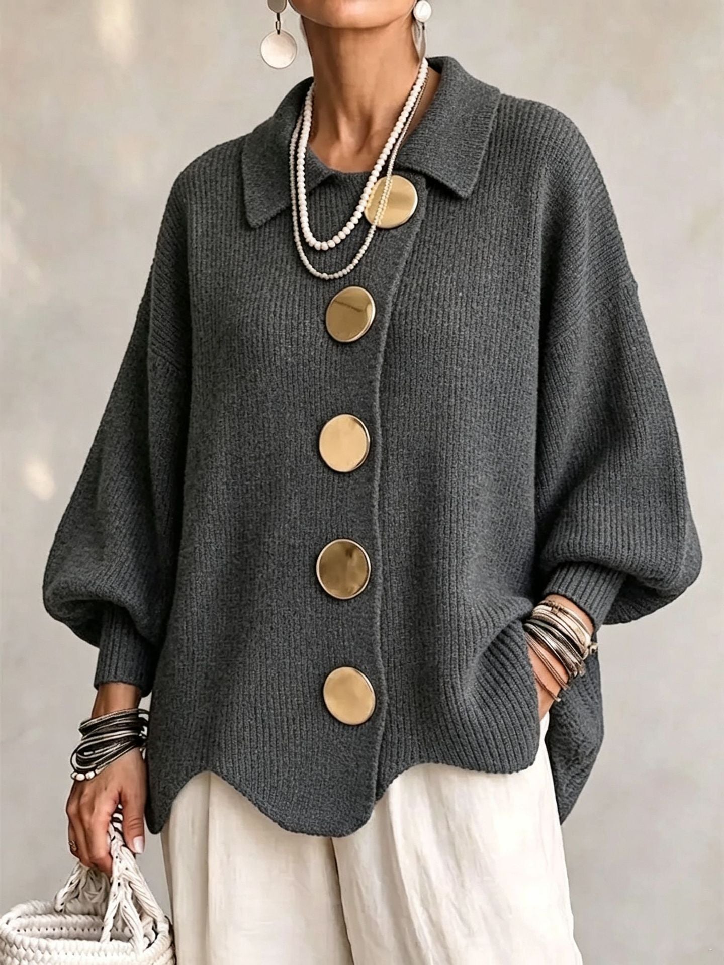 Women's Button-Down Knitted Cardigan, Loose Lapel Jacket