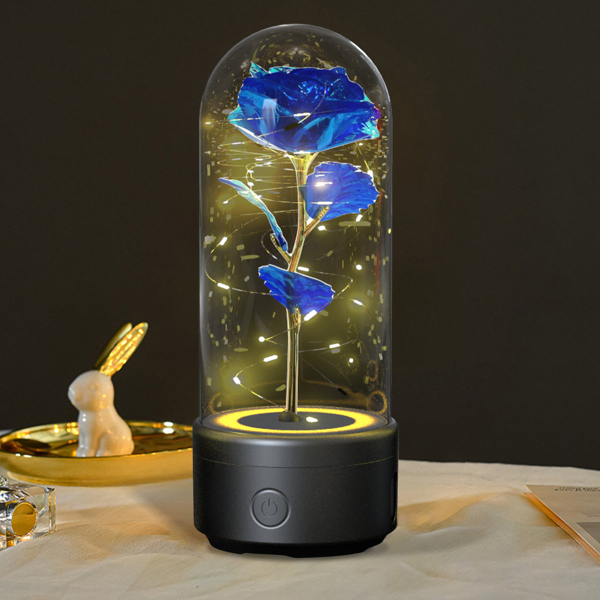 Rose Flower LED Night Light With Bluetooth Speaker In Glass Dome