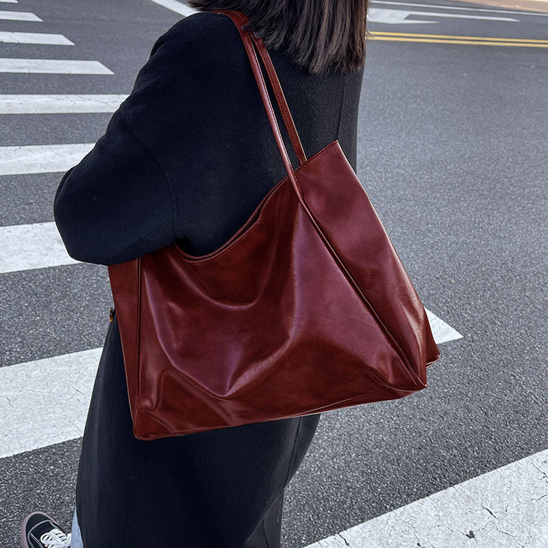 Large Capacity Women's Leather Handbag, Japanese Korean Style Tote