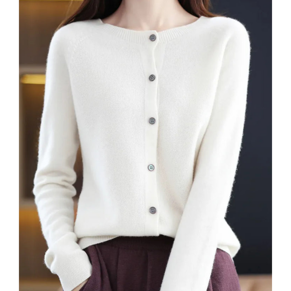 Women's Round-Neck Cardigan with Long Sleeves and Buttons