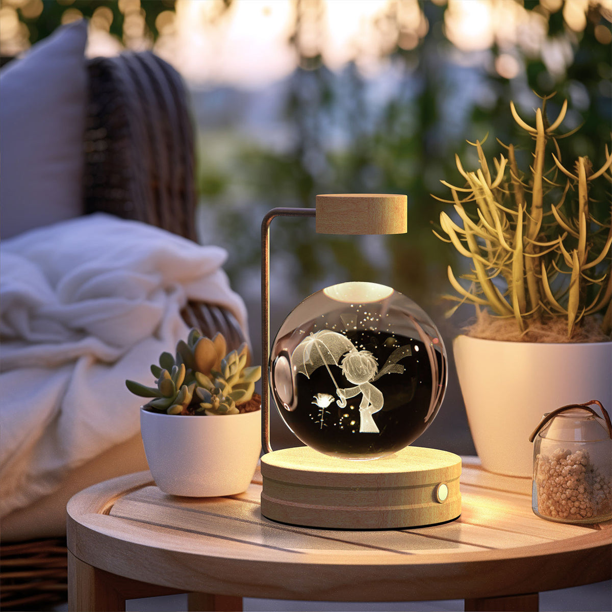 Crystal Ball Night Light With 3D Pattern On Wooden Base