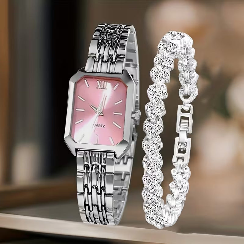 Women's Square Quartz Wristwatch Set with Bracelet