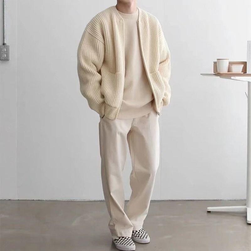 Men's Zip-Up Knitted Cardigan Jumper with Funnel Neck and Pockets