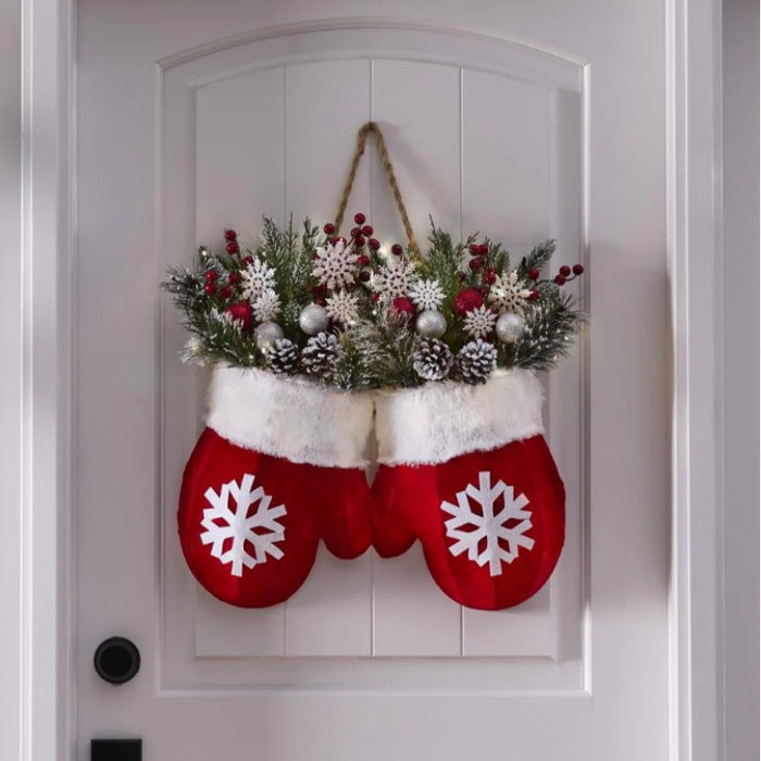 Christmas Glove Garland with Faux Flowers for Doors and Windows